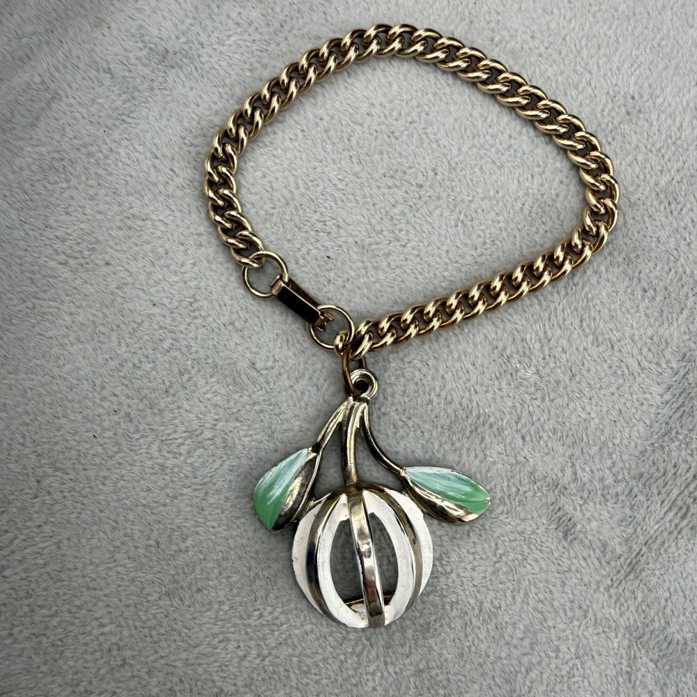 Vintage Estate Charm Bracelet Gold Tone Enamel Fruit Cage Curb Chain 7.5"